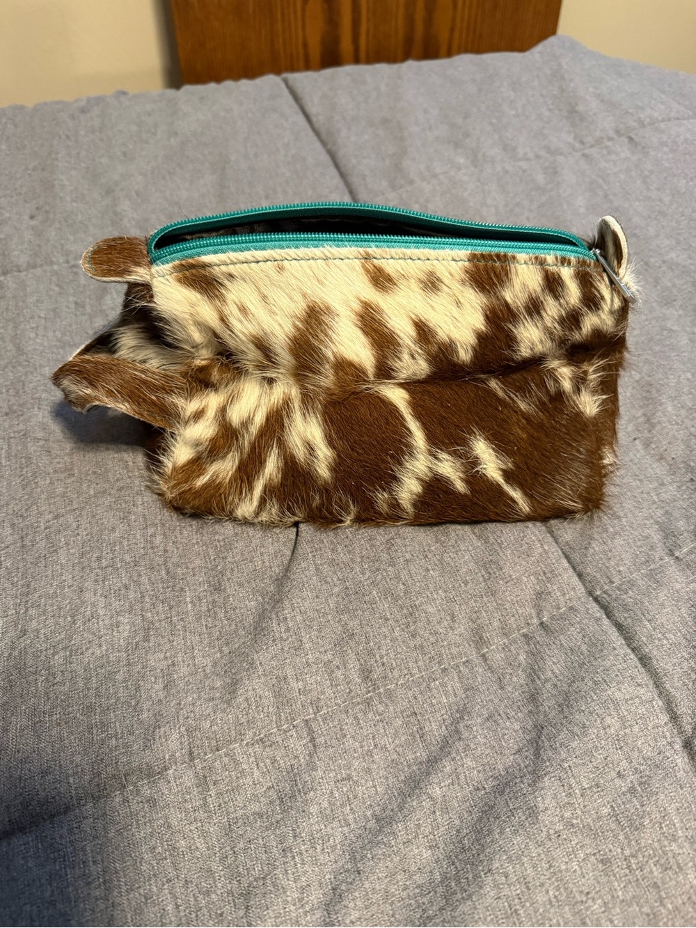 Montana West Brown & Cream Haircalf Cosmetic Pouch with Turquoise Zip - Picture 2 of 4